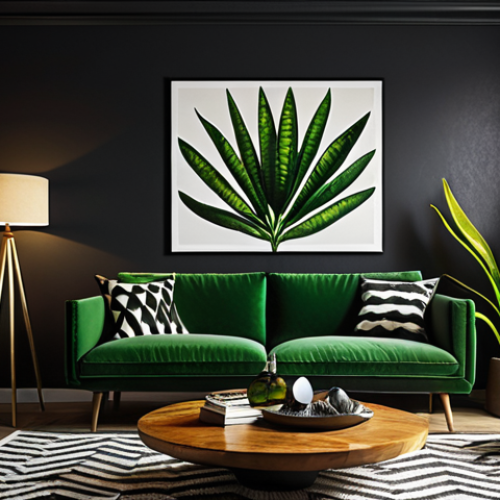 Home 11 **
A stylish black living room interior. Focus on layering different light sources: a sleek ceiling light, a warm-toned table lamp, and a spotlight highlighting a piece of artwork. Include a vibrant green snake plant adding a pop of color and life. The overall feeling is modern and inviting, not dark and gloomy.
**