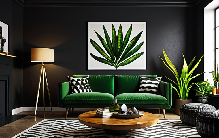 **
A stylish black living room interior. Focus on layering different light sources: a sleek ceiling light, a warm-toned table lamp, and a spotlight highlighting a piece of artwork. Include a vibrant green snake plant adding a pop of color and life. The overall feeling is modern and inviting, not dark and gloomy.
**