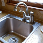 **A revitalized kitchen sink gleaming after a DIY cleaning session.** Focus on the shine and cleanliness. Use natural lighting. Feature common household cleaning items like baking soda, vinegar, and a sponge nearby.