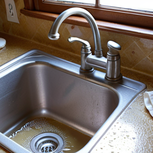 Home 6 **A revitalized kitchen sink gleaming after a DIY cleaning session.** Focus on the shine and cleanliness. Use natural lighting. Feature common household cleaning items like baking soda, vinegar, and a sponge nearby.