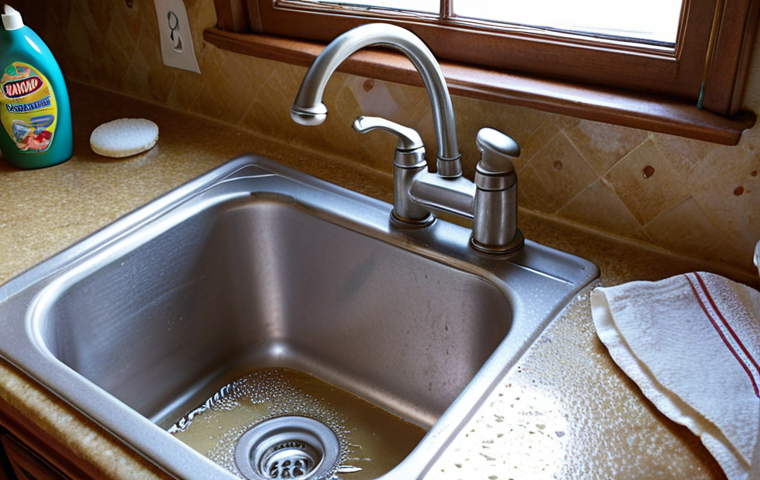 **A revitalized kitchen sink gleaming after a DIY cleaning session.** Focus on the shine and cleanliness. Use natural lighting. Feature common household cleaning items like baking soda, vinegar, and a sponge nearby.