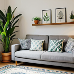 **

A cozy and inviting living room in a rental apartment, featuring multi-functional furniture such as a sofa bed and a coffee table that converts into a dining table. The walls are decorated with easily removable wall stickers with floral patterns. Soft, warm lighting from a table lamp enhances the cozy atmosphere. A potted snake plant sits on a floating shelf. Throw pillows and a soft rug add warmth and color. Safe for work, appropriate content, fully clothed, modest, family-friendly, perfect anatomy, correct proportions, natural pose, professional photography, high quality.

**