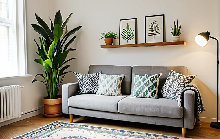 **

A cozy and inviting living room in a rental apartment, featuring multi-functional furniture such as a sofa bed and a coffee table that converts into a dining table. The walls are decorated with easily removable wall stickers with floral patterns. Soft, warm lighting from a table lamp enhances the cozy atmosphere. A potted snake plant sits on a floating shelf. Throw pillows and a soft rug add warmth and color. Safe for work, appropriate content, fully clothed, modest, family-friendly, perfect anatomy, correct proportions, natural pose, professional photography, high quality.

**